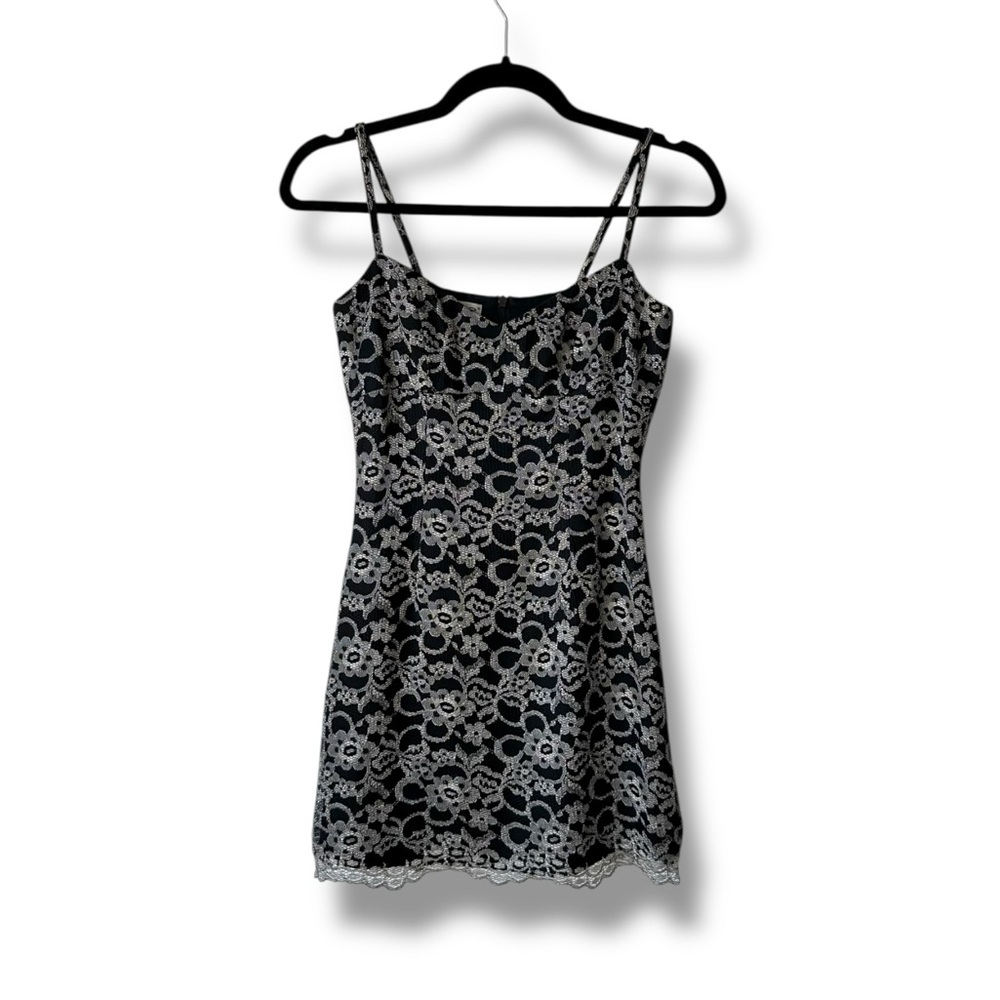 Bebe Vintage 90s Black & Silver Lace Empire Waist Micro Mini Party Dress XS/0/2
